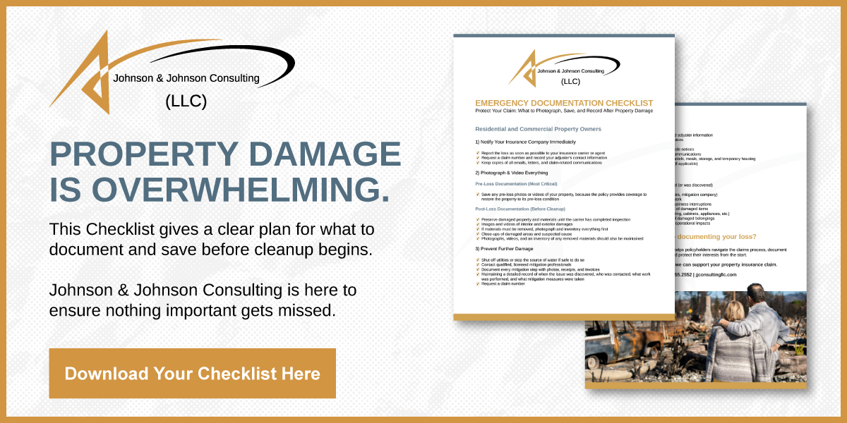 Promotional flyer for Johnson & Johnson Consulting LLC: 'Property Damage Is Overwhelming' with a call-to-action to download a checklist.