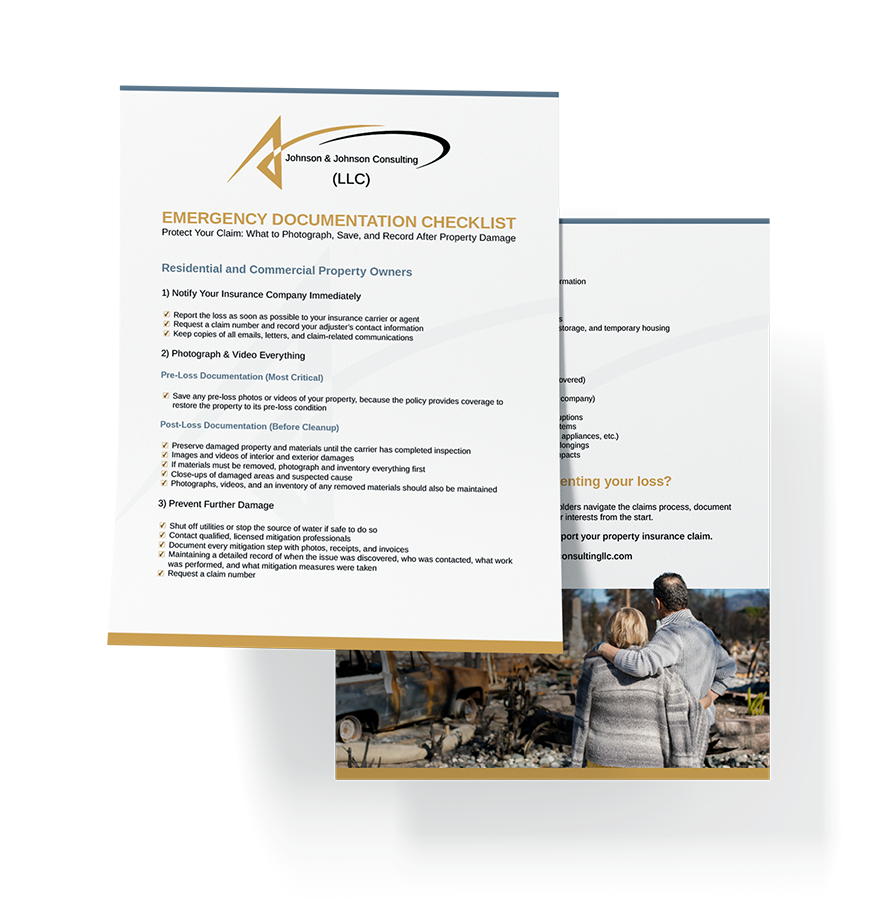 Front page of an emergency documentation checklist brochure with Johnson & Johnson Consulting LLC logo and title.